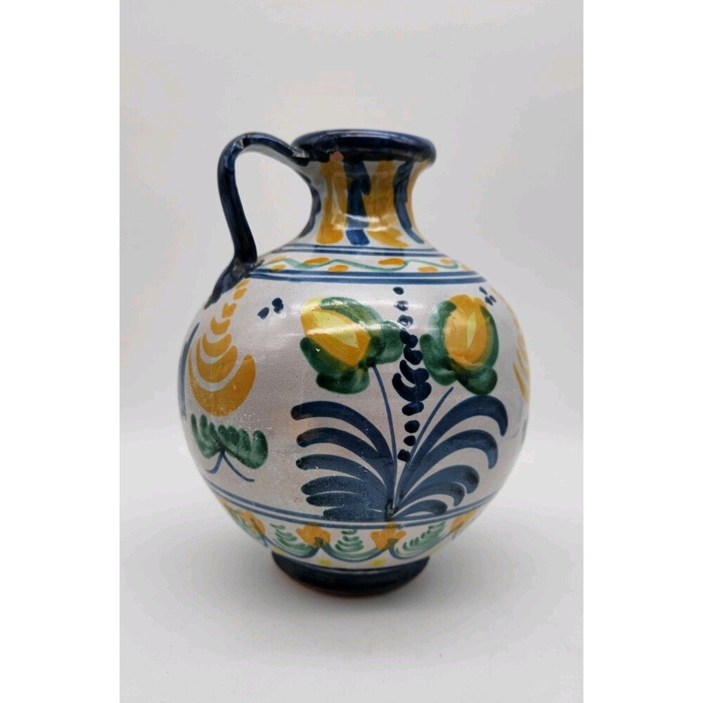 Vintage Hand Painted Decorative Rustic Floral Clay Jug Vase 8” Farmhouse READ